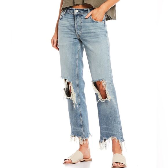 Free People Maggie Mid Rise Distressed Straight Leg Chewed Hem Jeans Size 25 - Picture 1 of 7